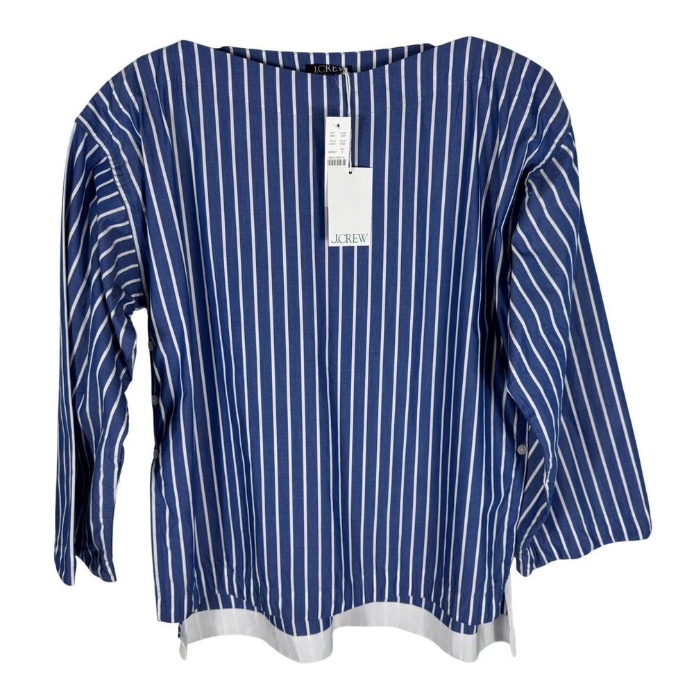 J.Crew Boatneck Striped Side Button Top Blouse Womens Small Blue White